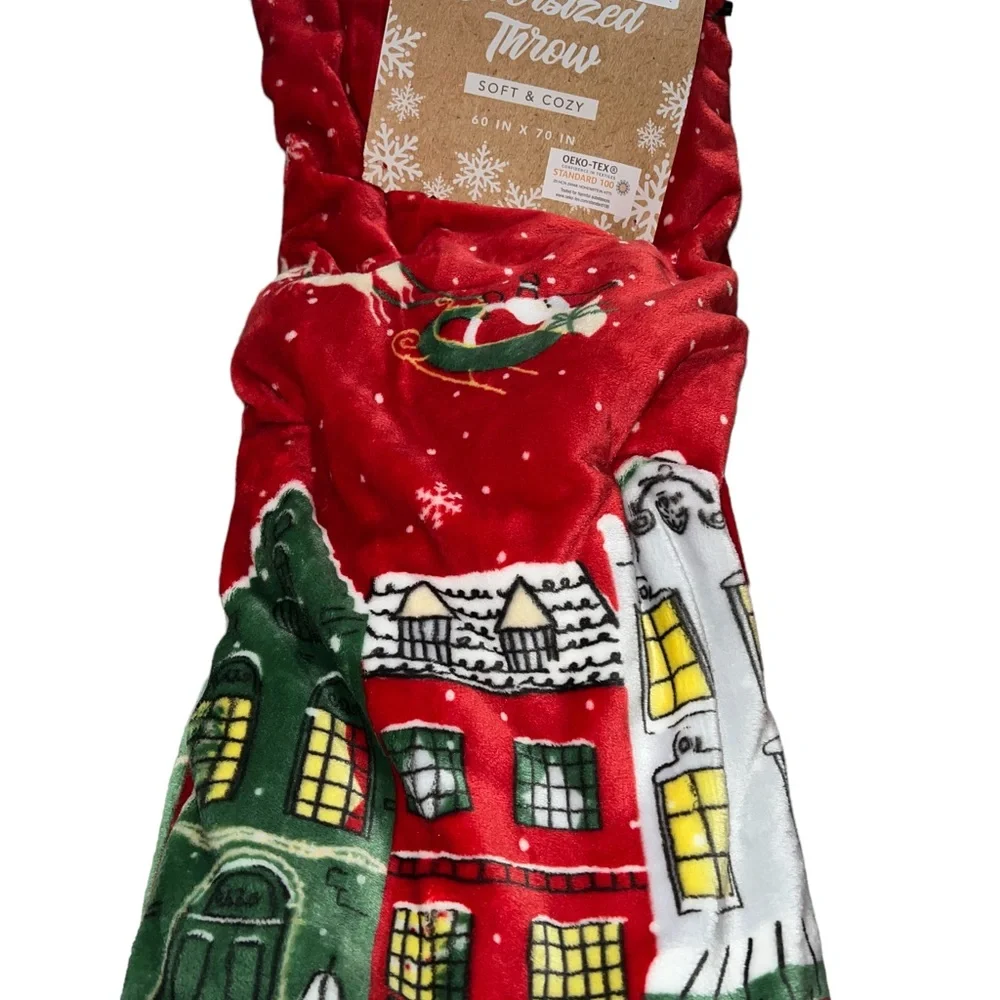 Envogue Christmas Reindeer Santa Village Oversized throw 60x70” New